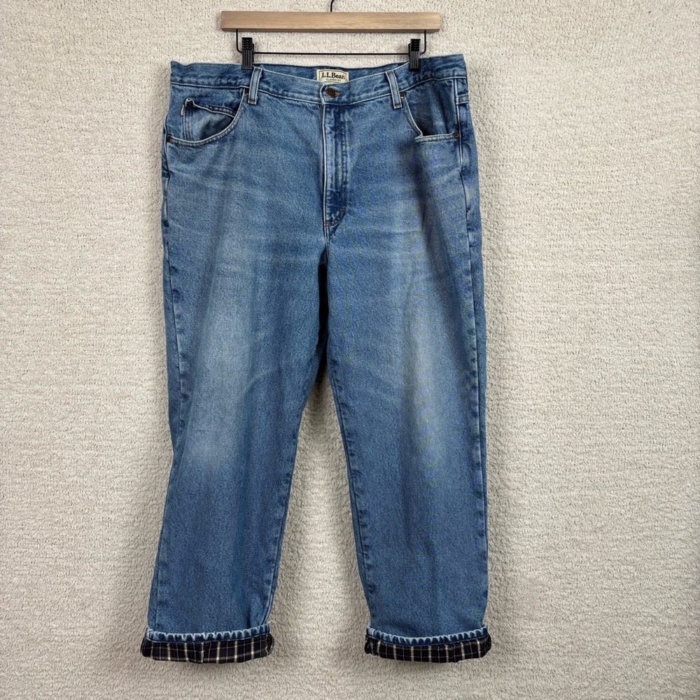 Vtg L.L. Bean Jeans Mens 42x30 Blue Classic Fit Plaid Lined 100% Cotton Workwear